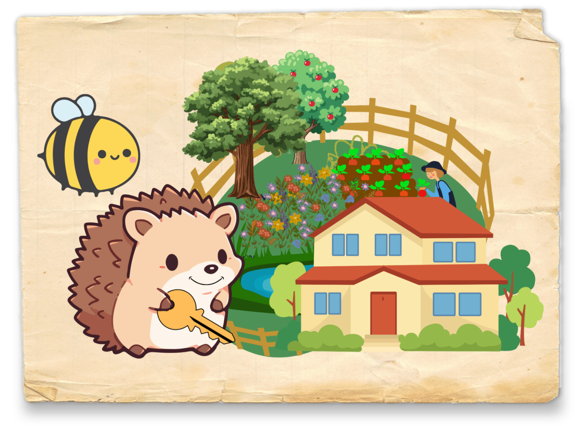 Ms Hedgehog with a key in front of a cottage and food forest garden